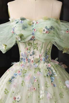 Light Green Floral Long A-Line Prom Dress Off Shoulder Princess Ball Gown