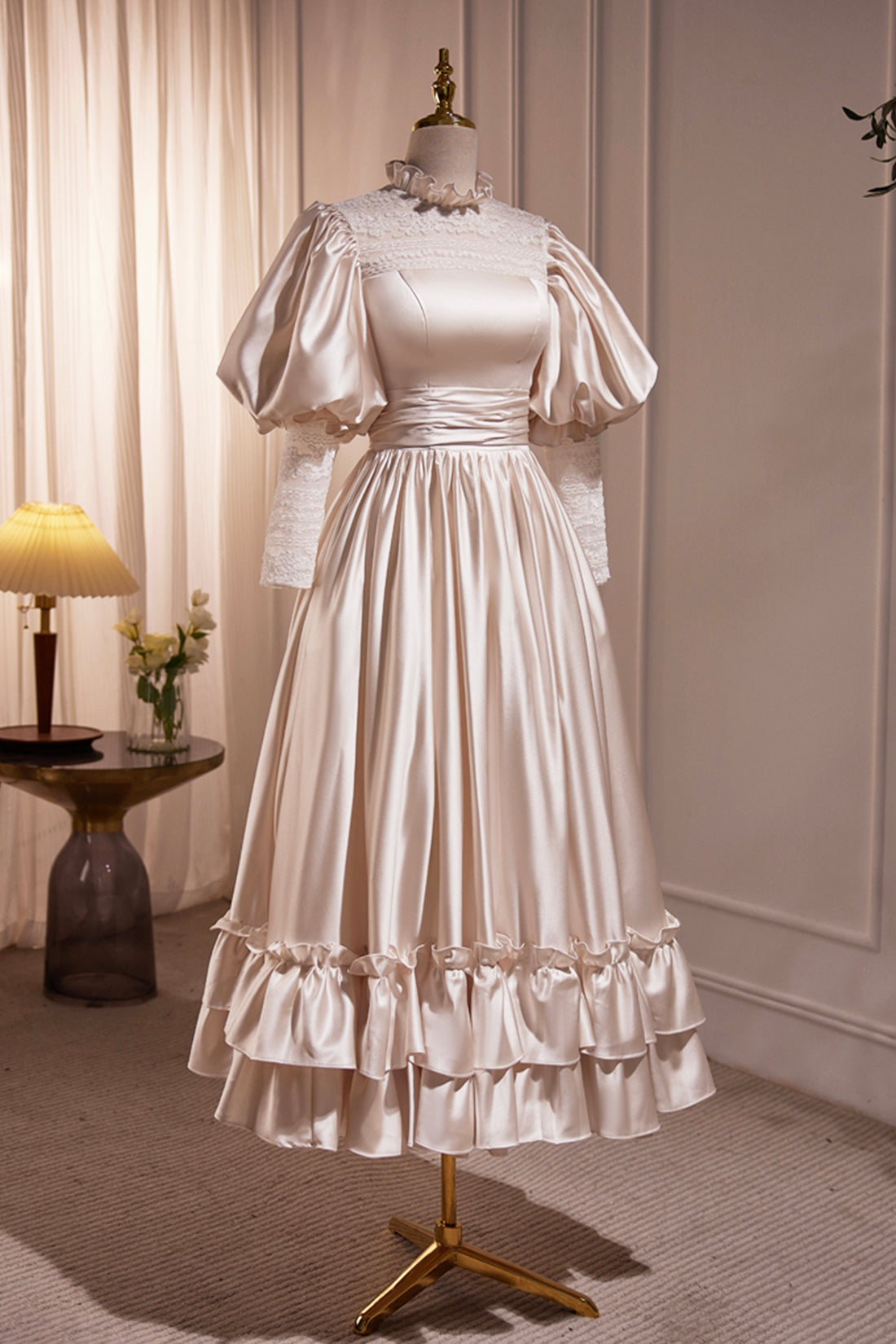Elegant Champagne Satin A-Line Prom Dress, Champagne Ruffle High Neck