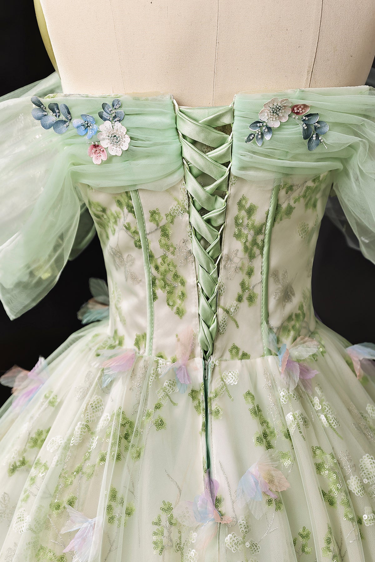 Light Green Floral Long A-Line Prom Dress Off Shoulder Princess Ball Gown