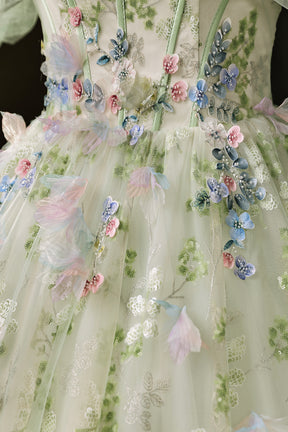 Light Green Floral Long A-Line Prom Dress Off Shoulder Princess Ball Gown