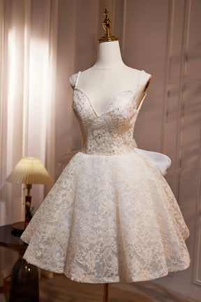 Light Champagne V-Neck Lace Short Prom Dress, A-Line Spaghetti Straps Backless Party Dress with Bow