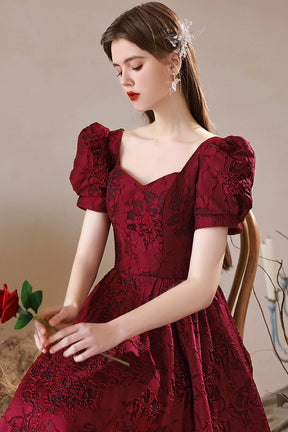 Burgundy Satin Floor Length Prom Dress, A-Line Short Sleeve Evening Party Dress