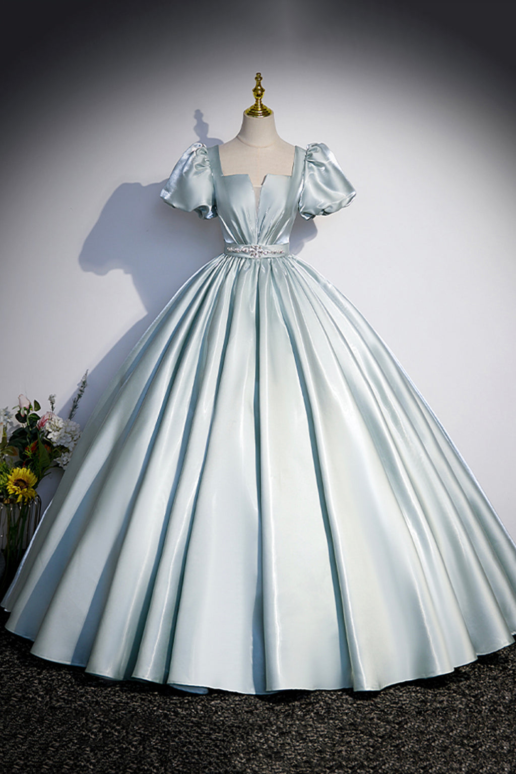 Elegant Blue Satin Prom Dresses, Square Neckline Puffy Short Sleeve Bow  Backless Floor-Length Formal Dresses