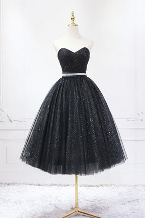 Black Strapless Shiny Tulle Tea Length Prom Dress, Black A-Line Homecoming Dress