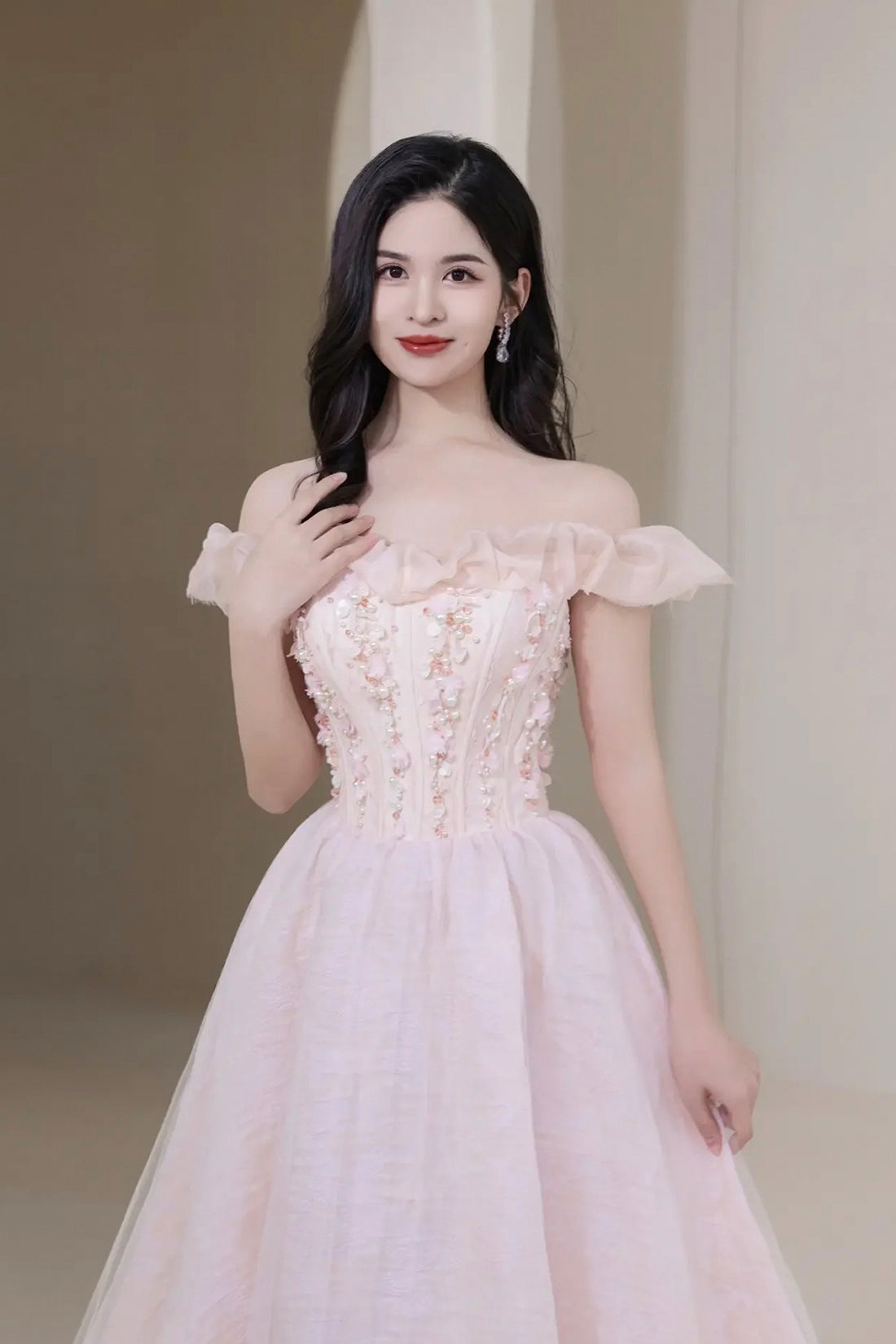 Pink Tulle Beaded Short Prom Dress, Pink Off Shoulder Evening Party Dress
