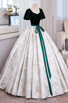 Green Velvet Floor-Length Printing Prom Dresses, A-Line Short Sleeve Evening Formal Dresses