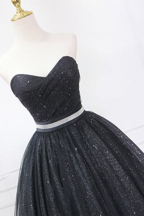 Black Strapless Shiny Tulle Tea Length Prom Dress, Black A-Line Homecoming Dress
