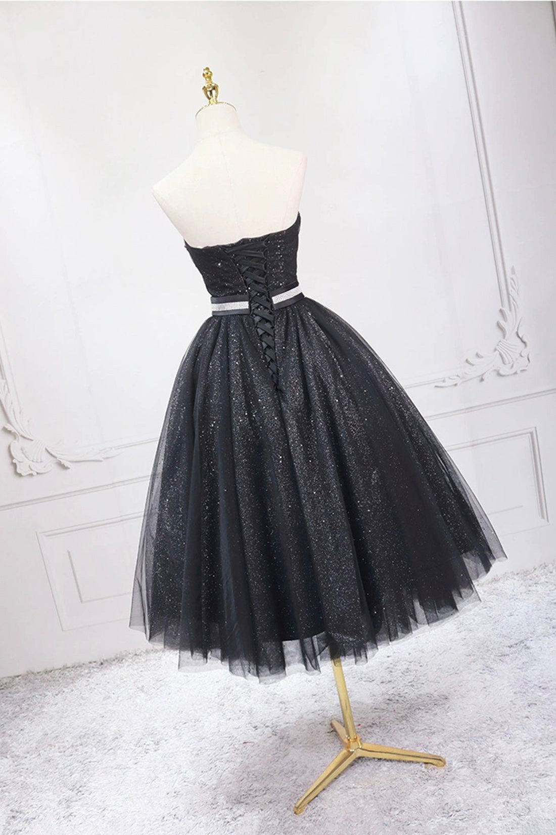Black Strapless Shiny Tulle Tea Length Prom Dress, Black A-Line Homeco Black Strapless Shiny Tulle Tea Length Prom Dress, Black A-Line Homeco