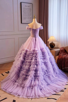 Purple Off the Shoulder Tiered Ruffles Long Ball Grown Prom Formal Party Dresses
