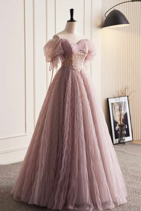 Pink Tulle Sequins Floor Length Prom Dress, Beautiful Off the Shoulder Evening Party Dress