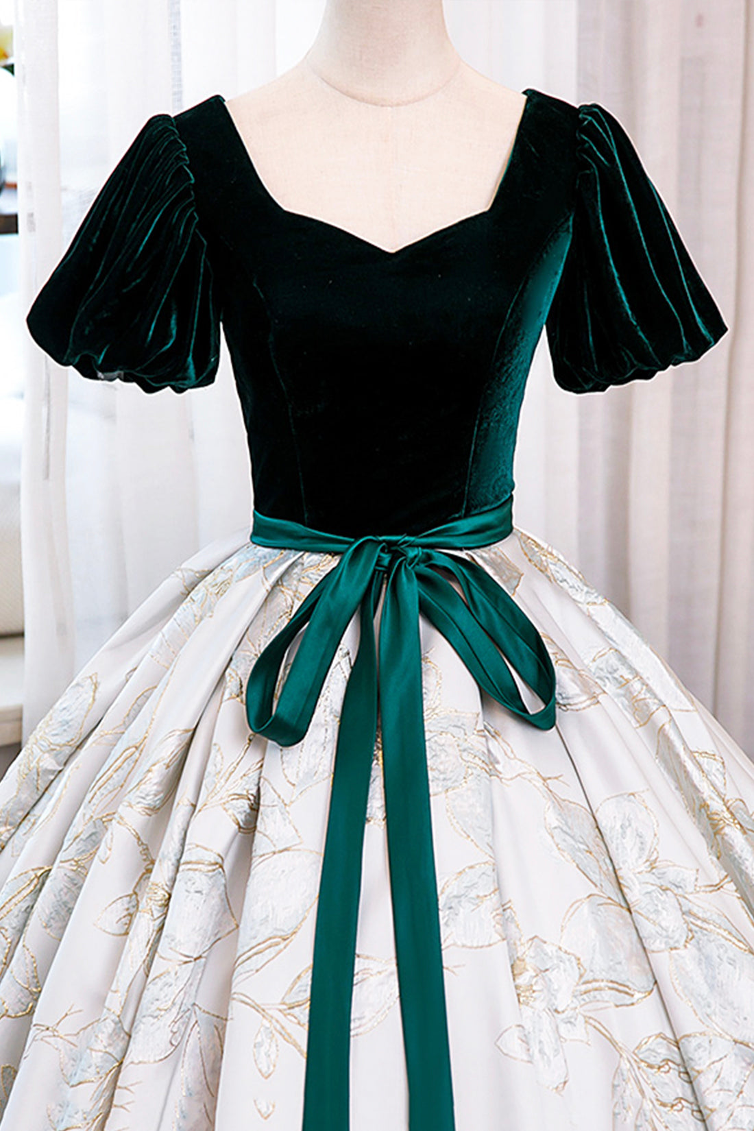 Green Velvet Floor-Length Printing Prom Dresses, A-Line Short Sleeve Evening Formal Dresses