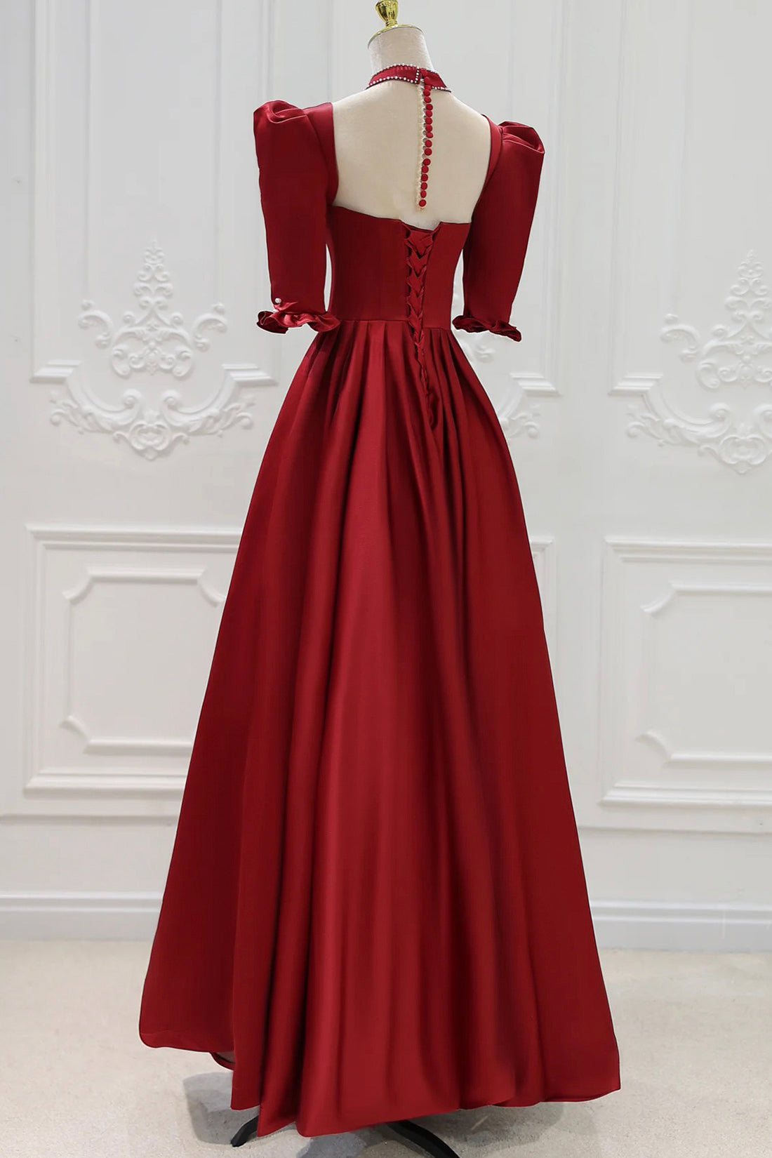 Burgundy Satin High Neck Long Prom Dress, Burgundy A-Line Evening Part Burgundy Satin High Neck Long Prom Dress, Burgundy A-Line Evening Part