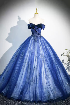 Blue Velvet and Tulle Long Prom Dress, Elegant Off the Shoulder Party Dress