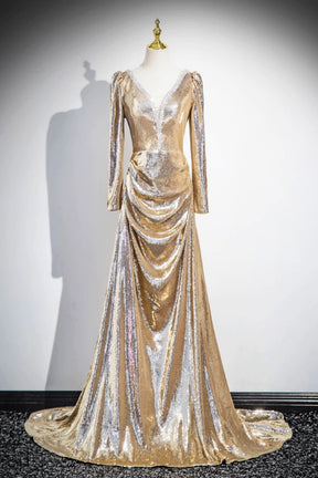 Gold Sequins Long Prom Dress, Shiny V-Neck Long Sleeve Evening Party Dress