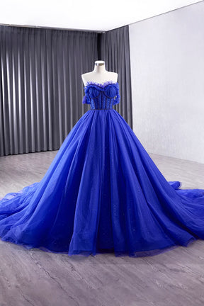 Blue Tulle Long Prom Dress, Off the Shoulder Formal Evening Party Dress