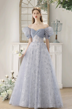 Blue Tulle Lace Floor Length Prom Dress, Beautiful Short Sleeve Evening Party Dress
