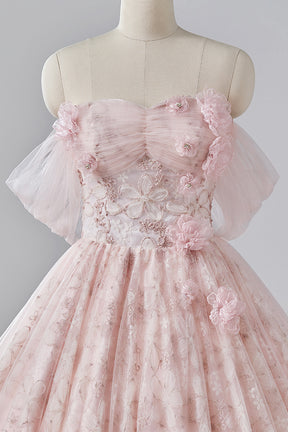 Pink Flower Long Princess Dress, Off the Shoulder Tulle Evening Party Dress