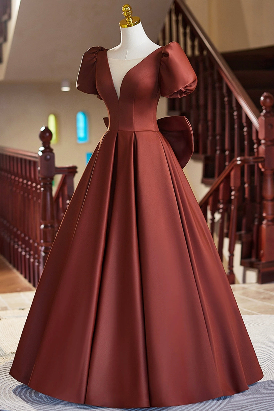A-Line Satin Floor Length Prom Dress, Elegant Short Sleeve Evening Party Dress