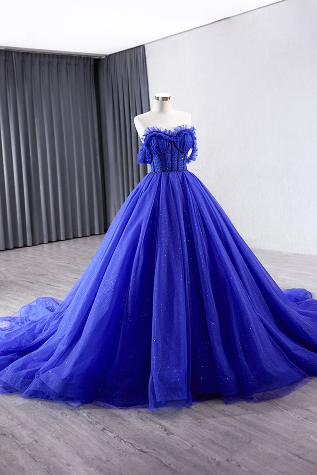 Blue Tulle Long Prom Dress, Off the Shoulder Formal Evening Party Dress