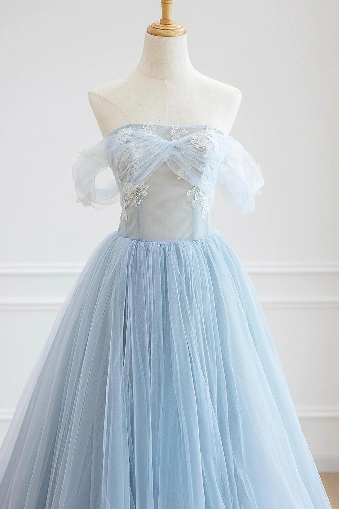 Blue Tulle Lace Long Prom Dress, High Low A-Line Evening Party Dress