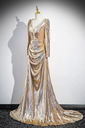 Gold Sequins Long Prom Dress, Shiny V-Neck Long Sleeve Evening Party Dress