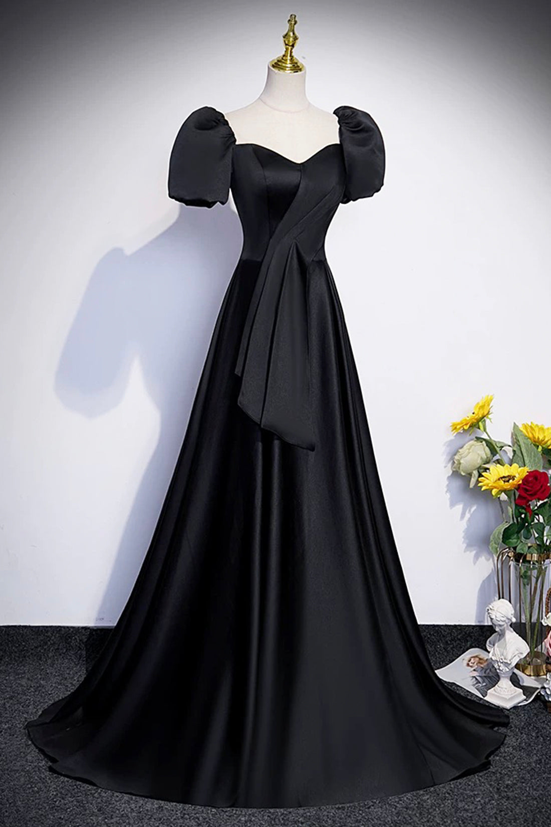 Black Satin Long Prom Dress, A-Line Short Sleeve Evening Party Dress