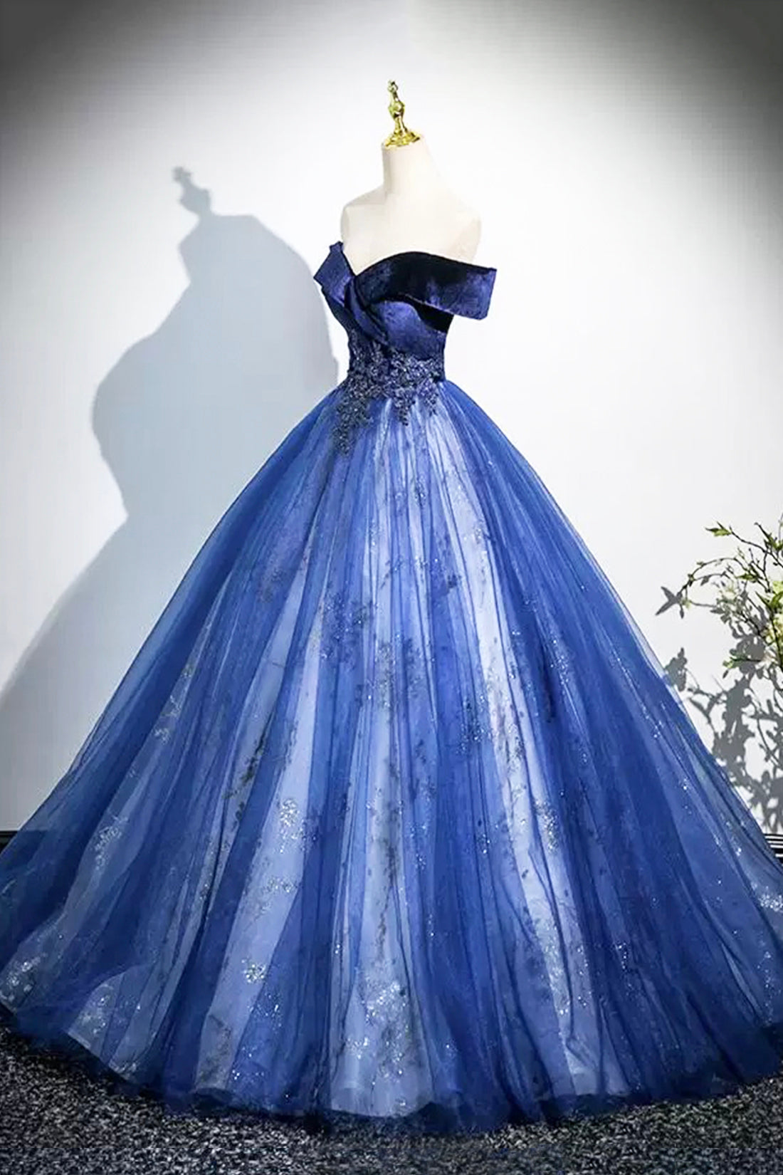 Blue Velvet and Tulle Long Prom Dress, Elegant Off the Shoulder Party Dress