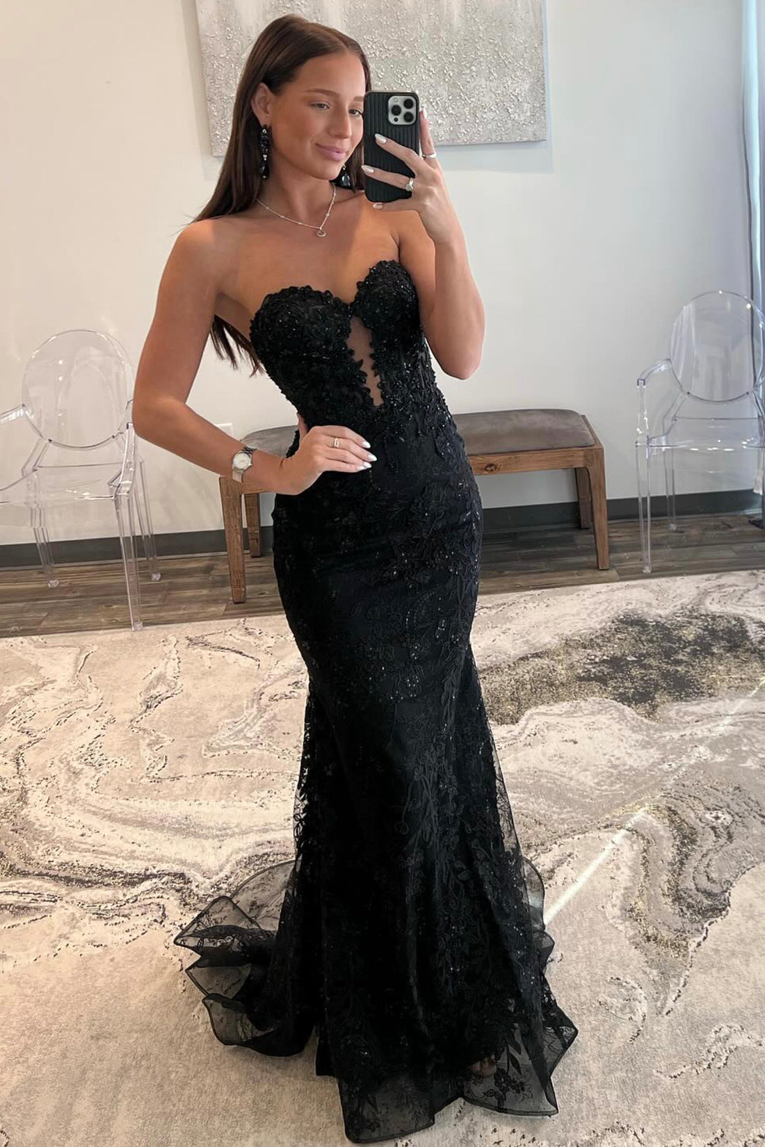 Black Lace Long Mermaid Prom Dress, Black Strapless Evening Party Dress
