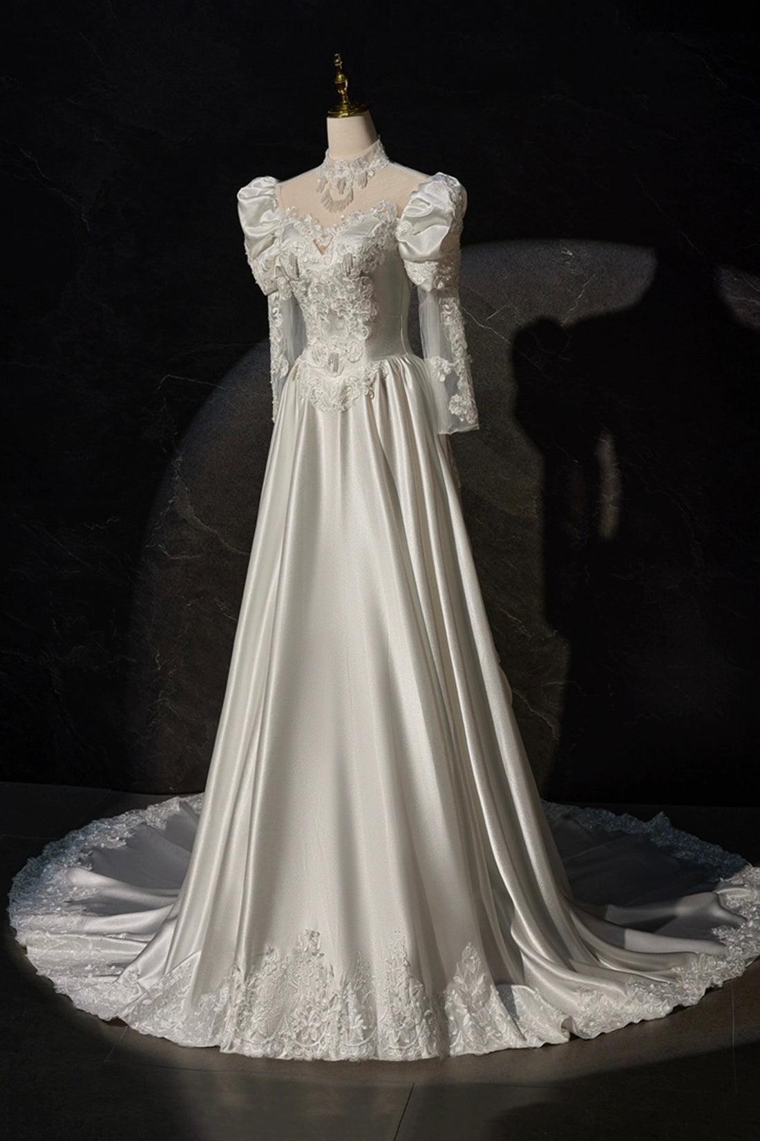 A-Line Satin Lace Long Sleeve Prom Dress, Elegant White High Neck Even A-Line Satin Lace Long Sleeve Prom Dress, Elegant White High Neck Even