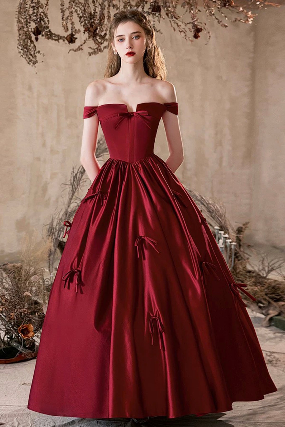 A-Line Satin Long Prom Dress, Lovely Burgundy Off the Shoulder Party Dress