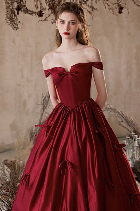 A-Line Satin Long Prom Dress, Lovely Burgundy Off the Shoulder Party Dress