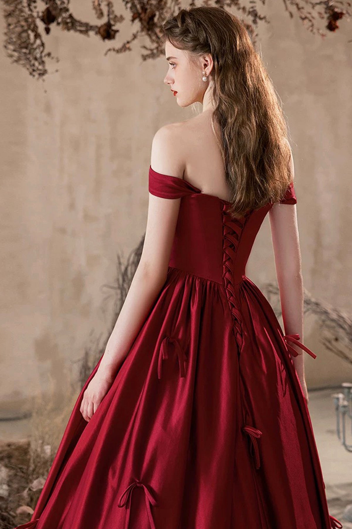 A-Line Satin Long Prom Dress, Lovely Burgundy Off the Shoulder Party Dress