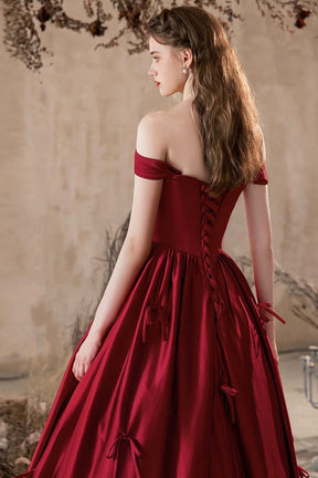 A-Line Satin Long Prom Dress, Lovely Burgundy Off the Shoulder Party Dress