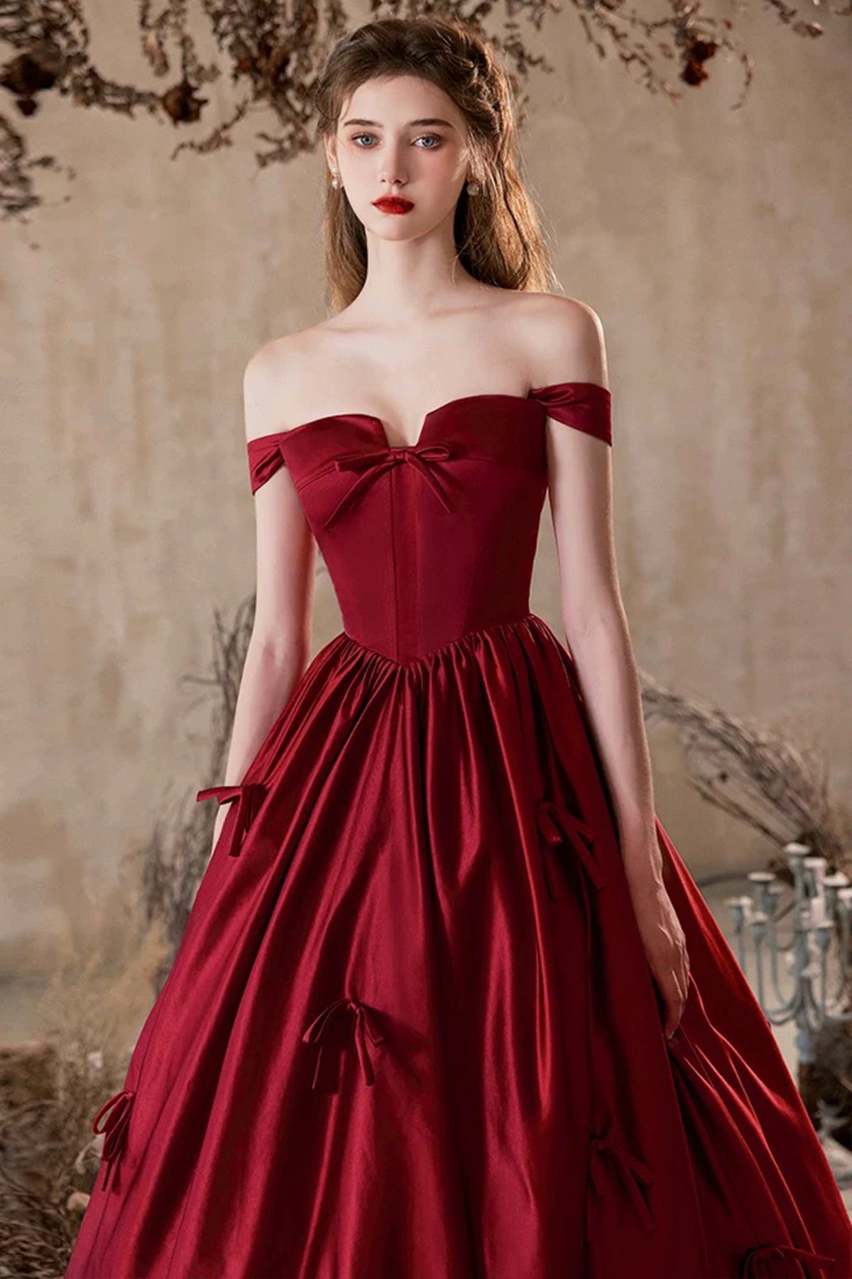 A-Line Satin Long Prom Dress, Lovely Burgundy Off the Shoulder Party Dress