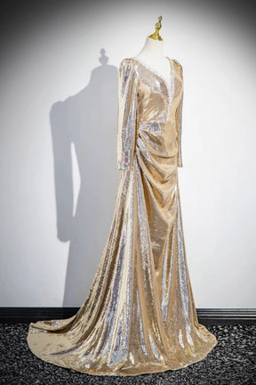 Gold Sequins Long Prom Dress, Shiny V-Neck Long Sleeve Evening Party Dress