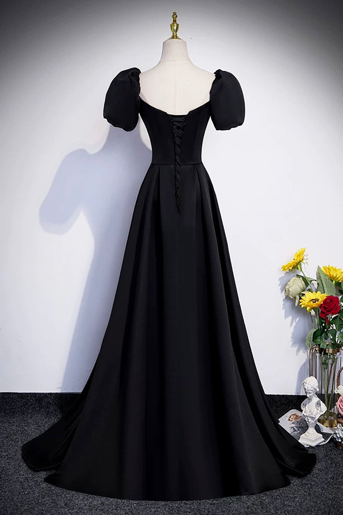 Black Satin Long Prom Dress, A-Line Short Sleeve Evening Party Dress