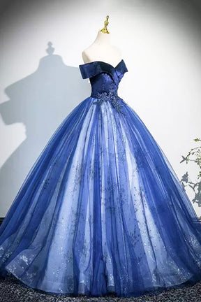 Blue Velvet and Tulle Long Prom Dress, Elegant Off the Shoulder Party Dress