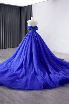 Blue Tulle Long Prom Dress, Off the Shoulder Formal Evening Party Dress