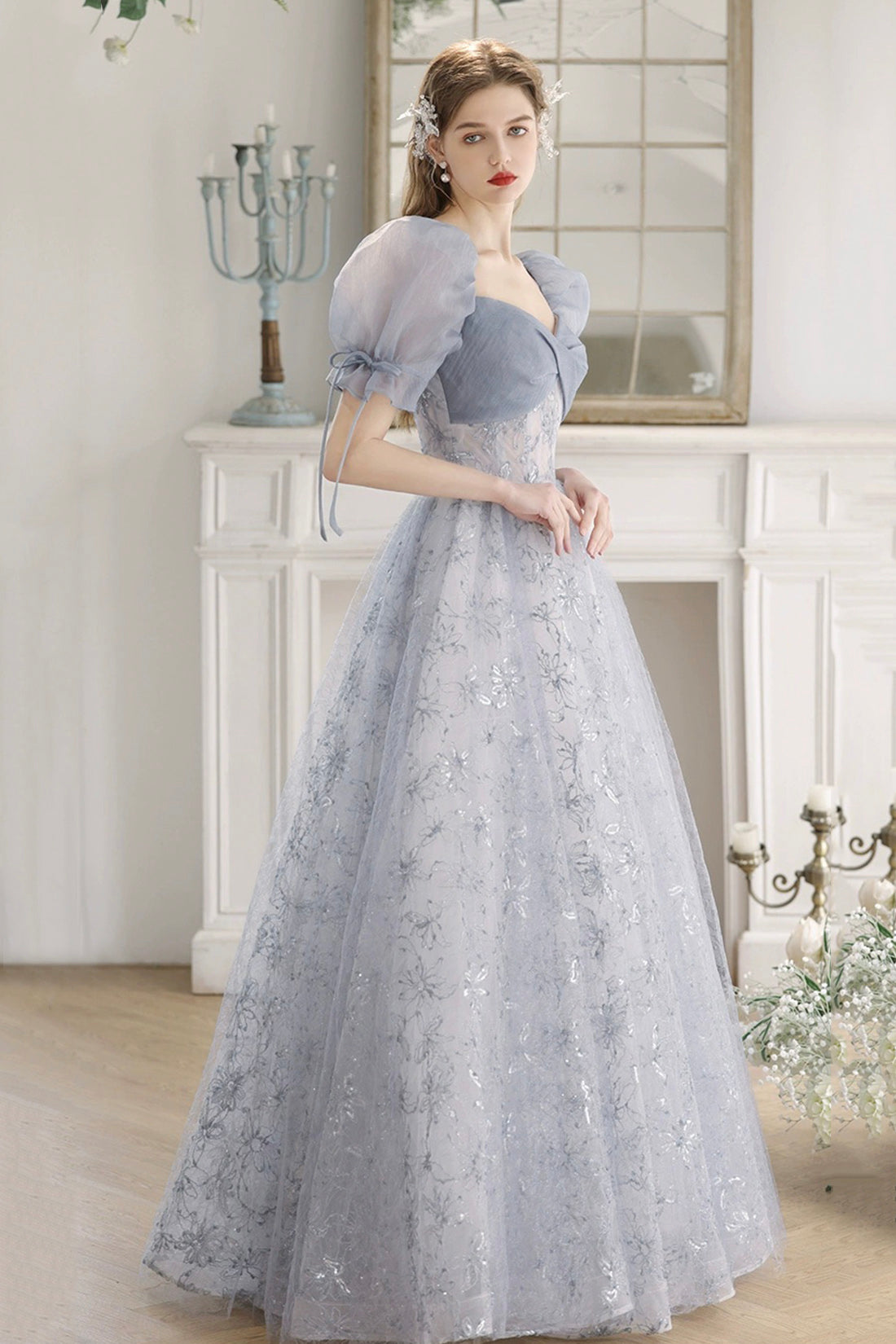Blue Tulle Lace Floor Length Prom Dress, Beautiful Short Sleeve Evenin