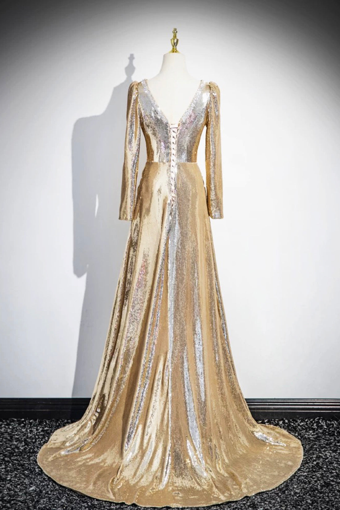 Gold Sequins Long Prom Dress, Shiny V-Neck Long Sleeve Evening Party Dress