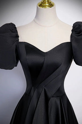 Black Satin Long Prom Dress, A-Line Short Sleeve Evening Party Dress