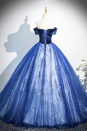 Blue Velvet and Tulle Long Prom Dress, Elegant Off the Shoulder Party Dress