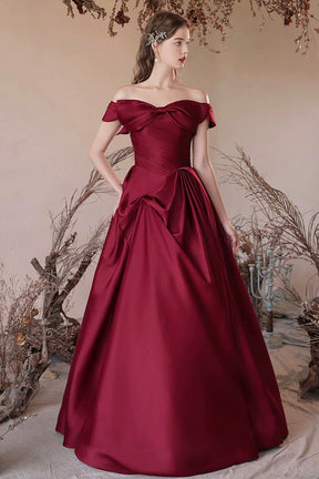 Burgundy Satin Long A-Line Prom Dress, Off the Shoulder Evening Party Dress