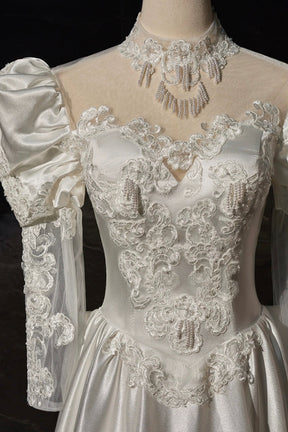 A-Line Satin Lace Long Sleeve Prom Dress, Elegant White High Neck Evening Prom Dress