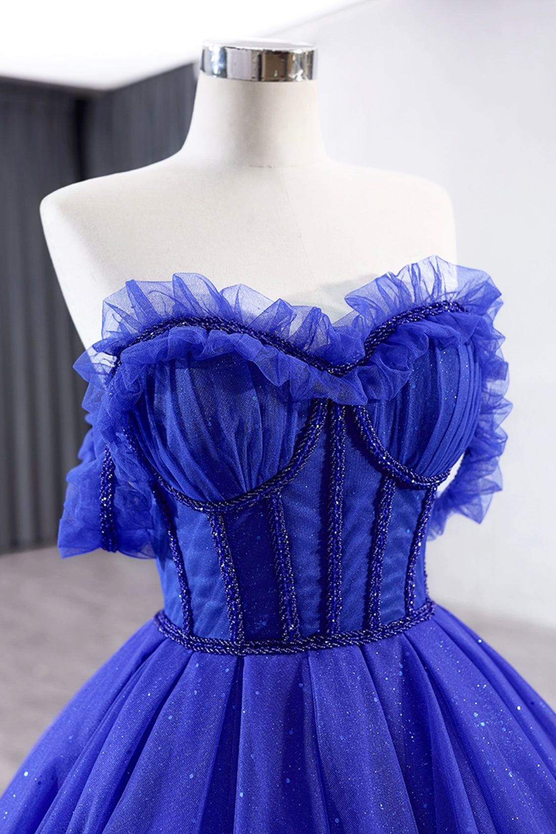 Blue Tulle Long Prom Dress, Off the Shoulder Formal Evening Party Dress