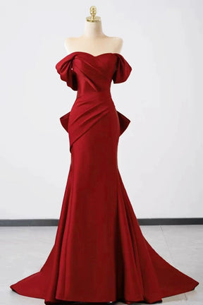 Burgundy Satin Floor Length Prom Dress, Mermaid Off the Shoulder Party Dress