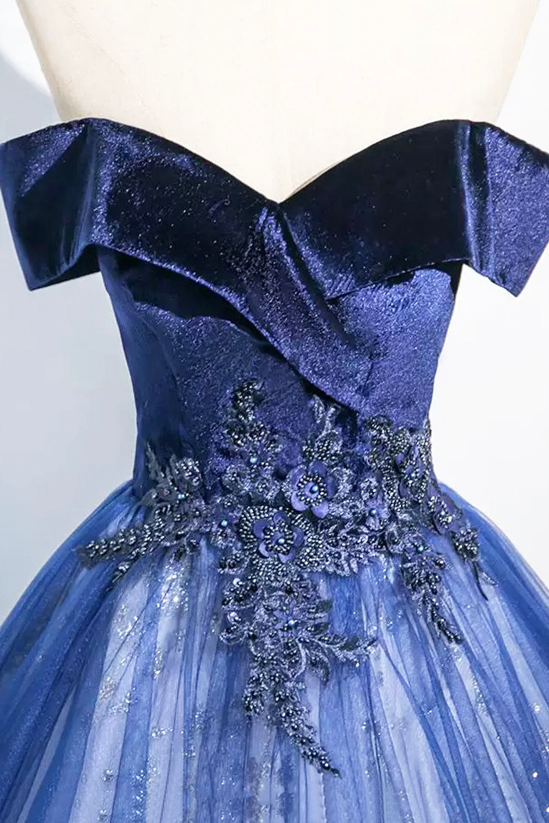 Blue Velvet and Tulle Long Prom Dress, Elegant Off the Shoulder Party Dress