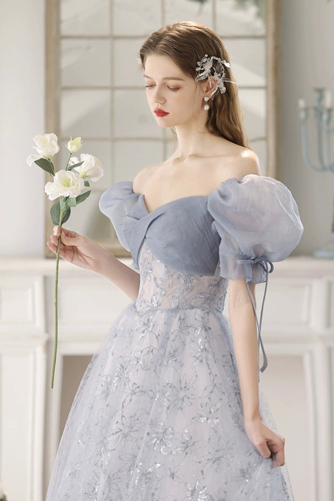 Blue Tulle Lace Floor Length Prom Dress, Beautiful Short Sleeve Evening Party Dress