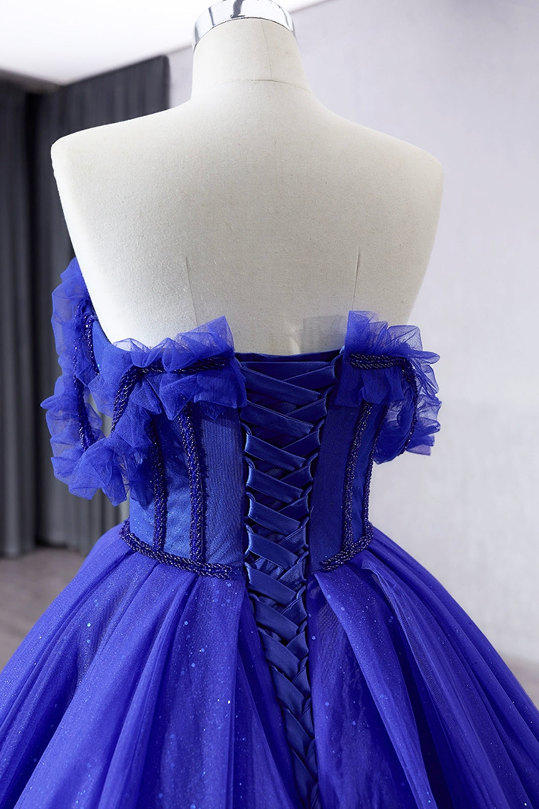 Blue Tulle Long Prom Dress, Off the Shoulder Formal Evening Party Dress