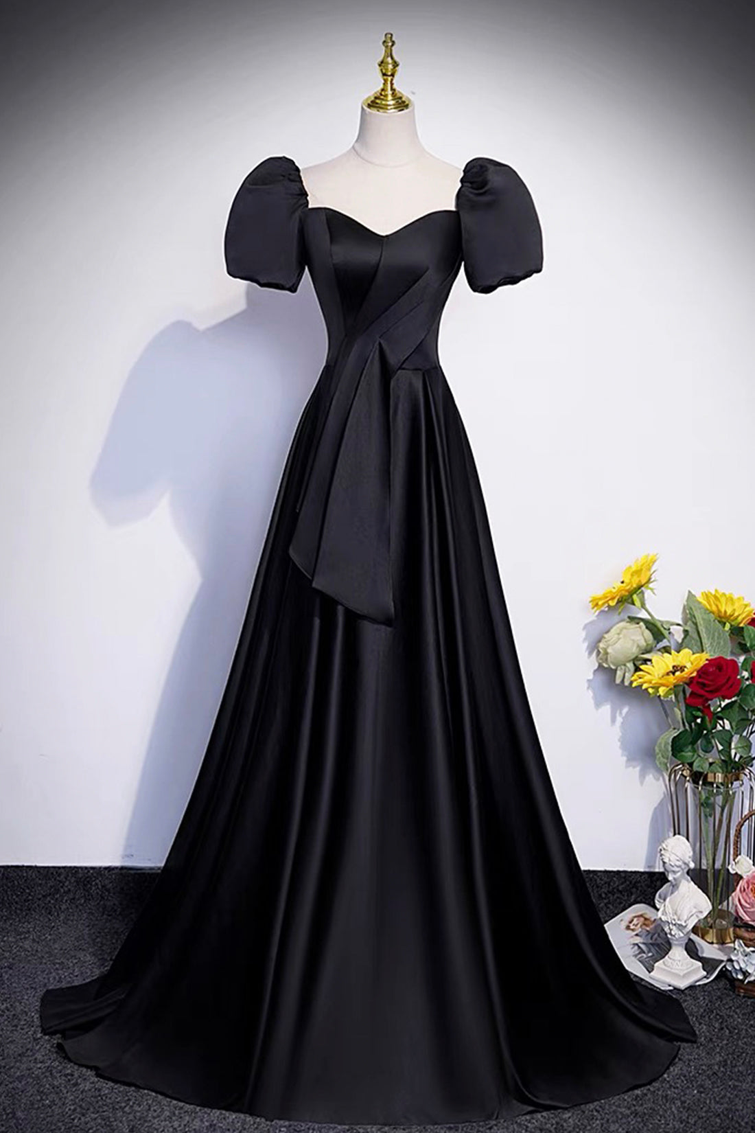 Black Satin Long Prom Dress, A-Line Short Sleeve Evening Party Dress